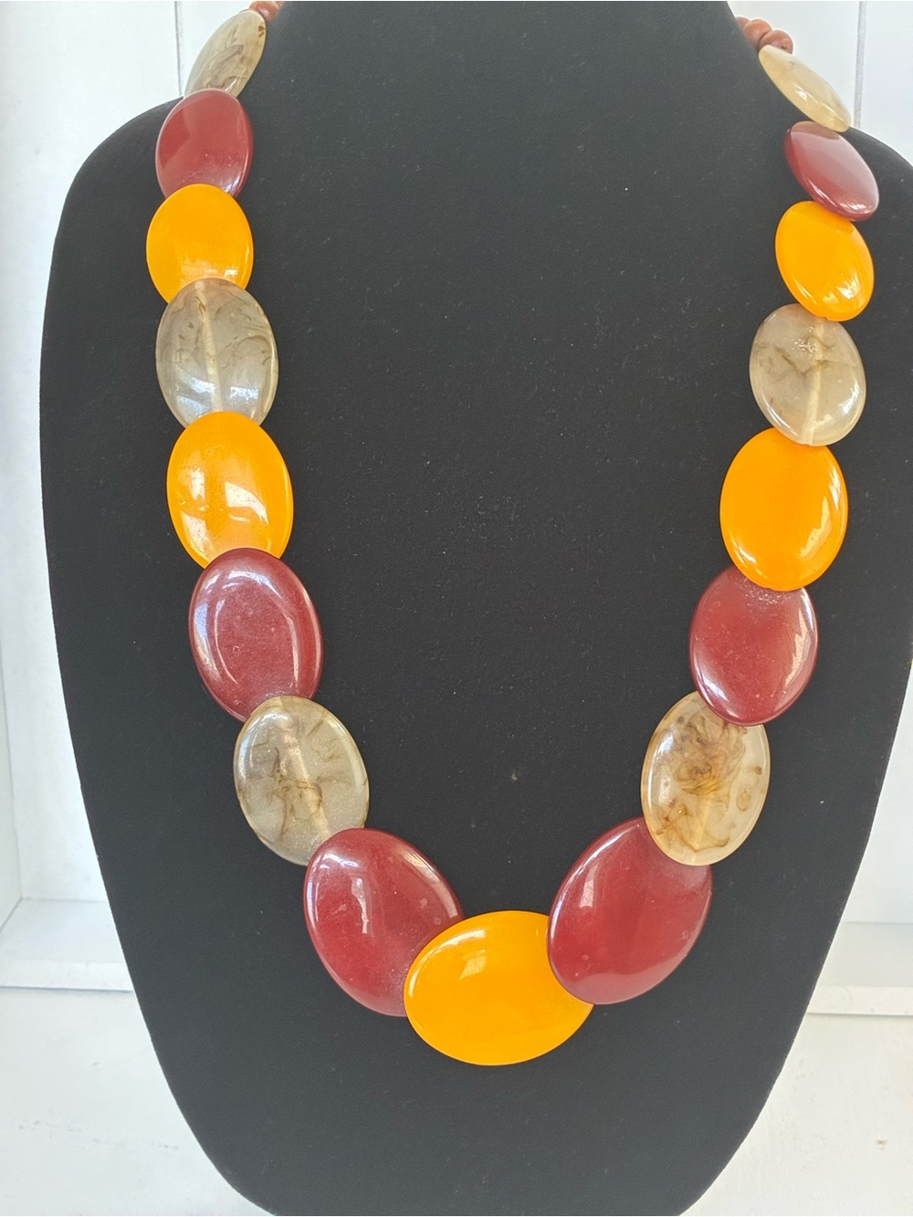 Source Unknown Resin Oval Statement Necklace - Yellow, Burgundy, Taupe